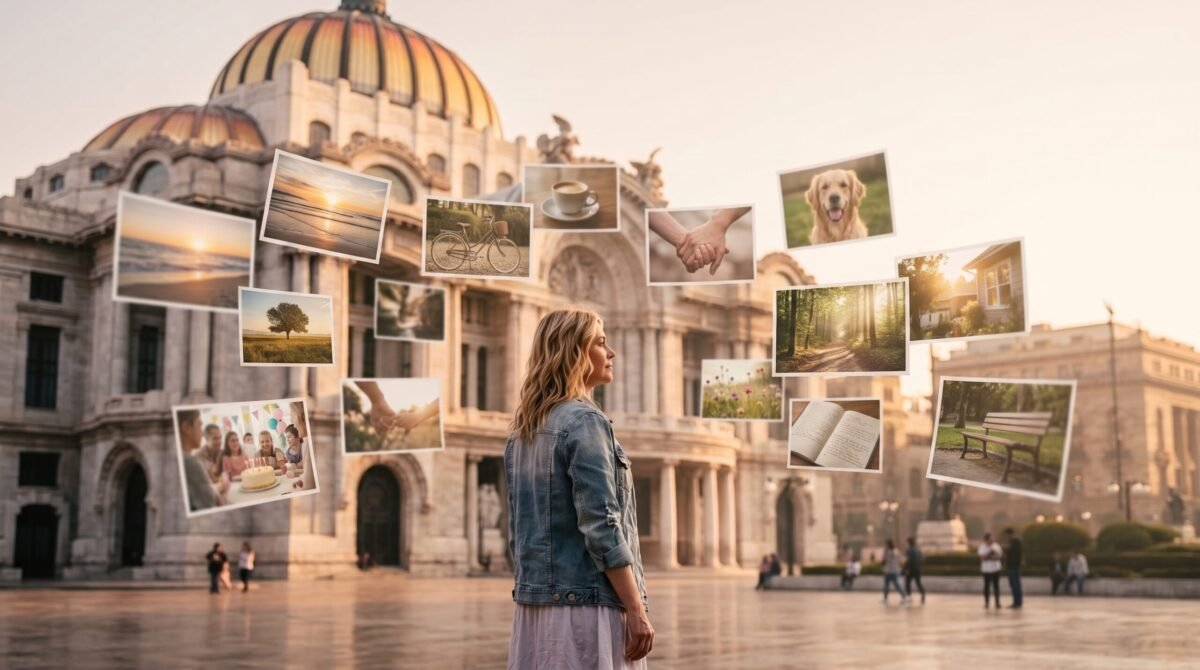 Persona observando imágenes asociadas a recuerdos frente al Palacio de Bellas Artes.