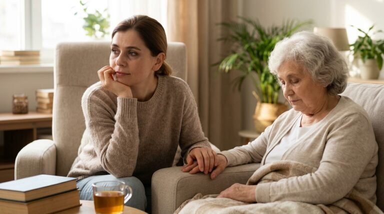 Persona cuidadora en un momento de cansancio mientras acompaña a un familiar que vive con enfermedad de Alzheimer