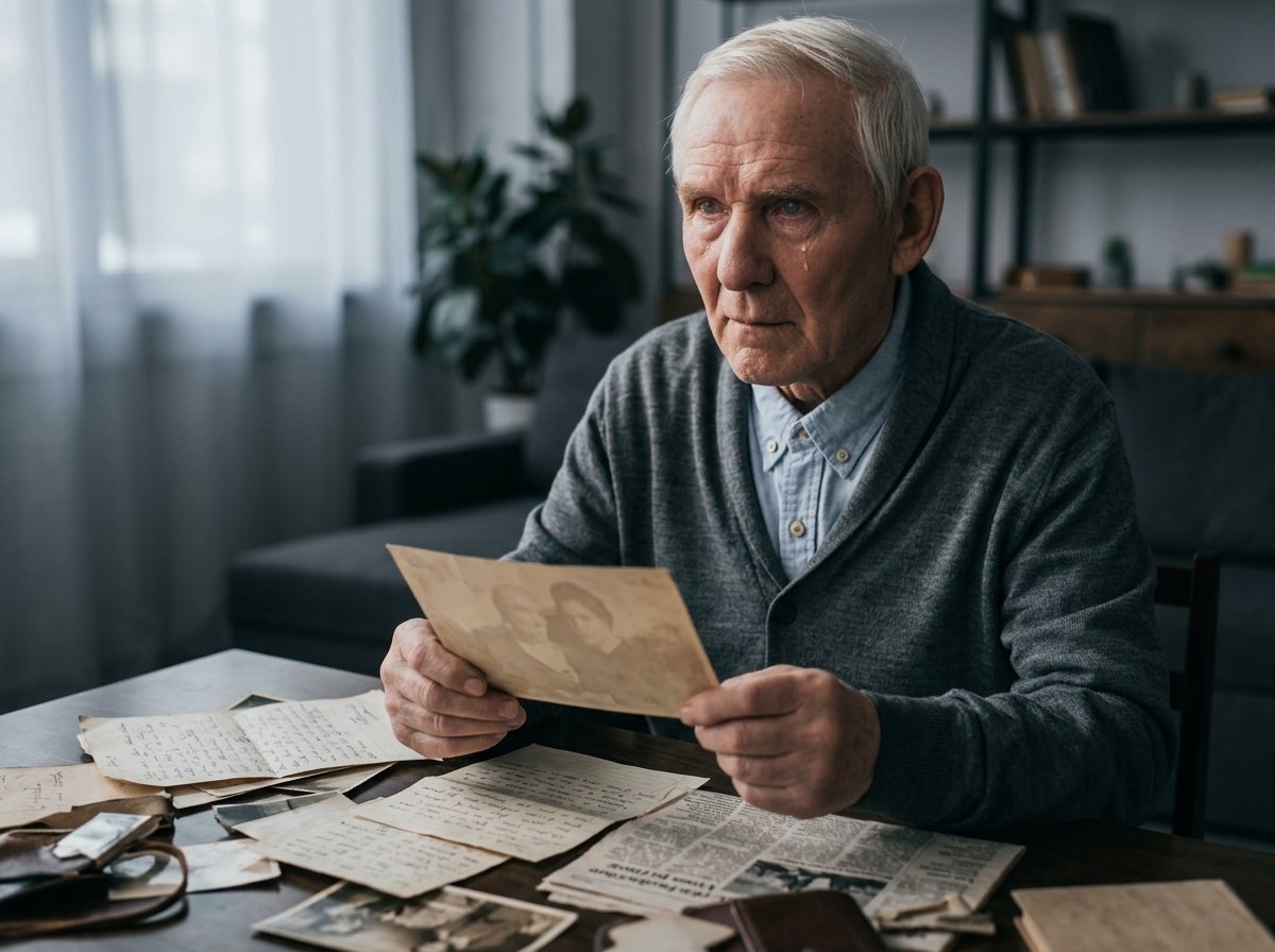 Hombre mayor revisando fotografías y cartas en casa, imagen conceptual sobre memoria en el Alzheimer