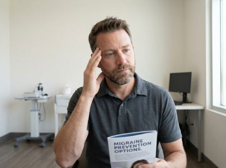 Persona con migraña recurrente tocándose la sien