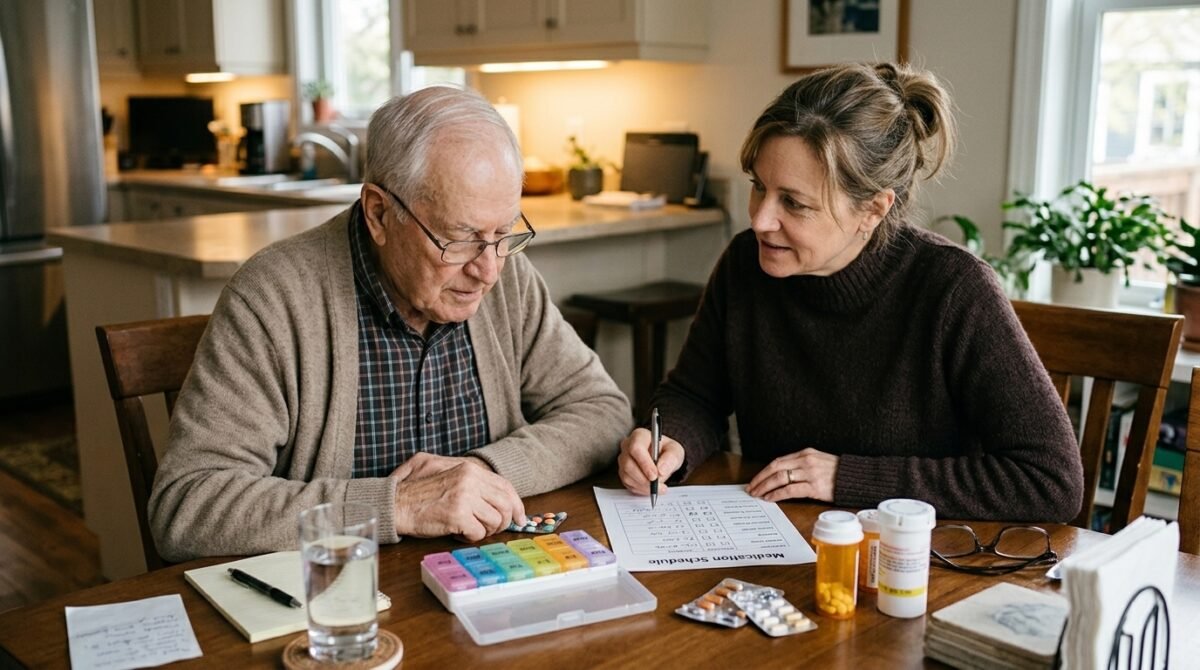 Familiar organizando los medicamentos junto a una persona que vive con enfermedad de Alzheimer
